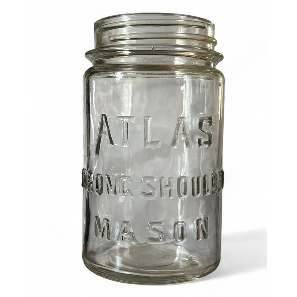 Vtg Glass Atlas Strong Shoulder Mason Jar Straight Side No Lid Clear Glass Retro